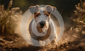 Fox Terrier in Motion Playful and Energetic in a Sun-Drenched Field. Photo of fox terrier captured as it energetically bounds