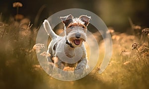 Fox Terrier in Motion Playful and Energetic in a Sun-Drenched Field. Photo of fox terrier captured as it energetically bounds