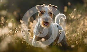 Fox Terrier in Motion Playful and Energetic in a Sun-Drenched Field. Photo of fox terrier captured as it energetically bounds