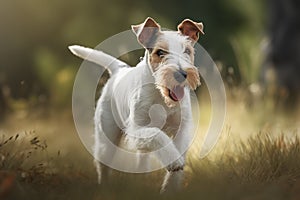 Fox terrier running through a field. Generative AI