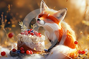 A fox is using its sense of smell to investigate a cake topped with fresh berries photo