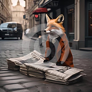 A fox wearing a newsboy cap, selling newspapers on a street corner2