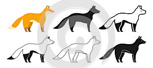 Fox wild animal cartoon style set funny forest mammal cute red foxes line modern simple symbol