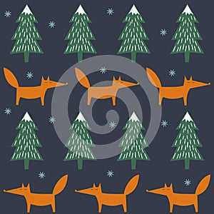 Fox, xmas trees, snowflakes seamless pattern on dark blue background.