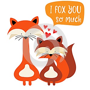 Foxes couple in love. Funny Valentine`s day card