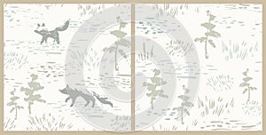 Foxes forest seamless pattern. Hand drawn meadow landscape. Woodland vector