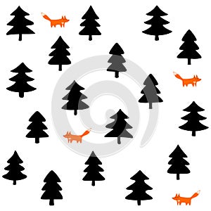 Foxes in a forest on white background