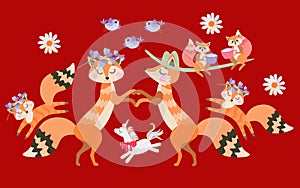 The foxes parents hold hands, and the foxes children and small unicorn are merrily jumping around them. photo