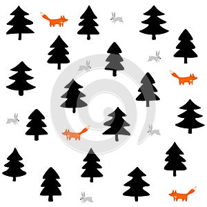 Foxes and rabbits in a black forest on white background