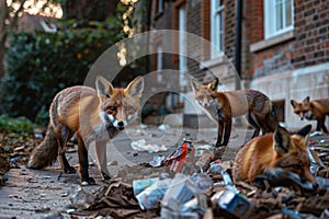 Foxes rummaging through trash in front of traditional English houses at night.. photo