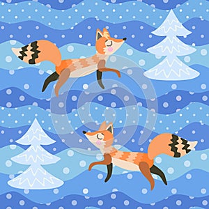 Foxes in the winter forest among snow-covered fir trees. Seamless pattern in vector. Printing for fabric, wallpaper for children