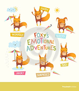 Foxy s emotional adventures. Cute cartoon fox in stripe pants expressing different feelings. Handling positive and