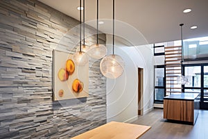 foyer with a stone accent wall and modern lighting fixtures