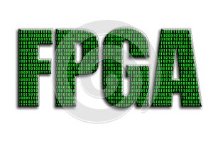 FPGA. The inscription has a texture of the photography, which depicts the green binary code photo