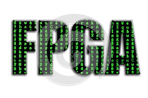 FPGA. The inscription has a texture of the photography, which depicts the green glitch symbols photo
