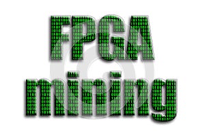 FPGA mining. The inscription has a texture of the photography, which depicts the green binary code photo