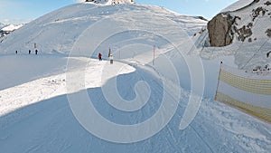 FPV POV of alpine skiing in Dolomites, Italy