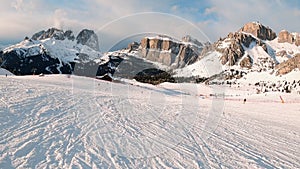 FPV POV of alpine skiing in Dolomites, Italy