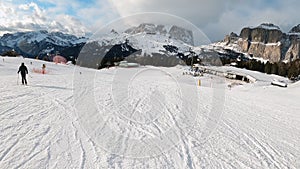 FPV POV of alpine skiing in Dolomites, Italy