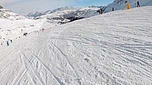 FPV POV of alpine skiing in Dolomites, Italy