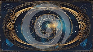 fractal background with ornament A seed of life poster with a gold and abstract style. The poster has a dark blue background