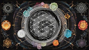 fractal background __A sacred geometry art with a flower of life and chakra icons. The art has a black background