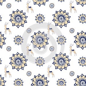 Fractal blue flowers and Deer. An elegant bright illustration with flowers. India style. Pattern for design of fabric, wallpapers