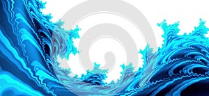 Fractal blue water splash texture on white background. Liquid, wave motion with copy space
