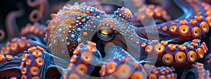 Fractal emissary of the depths: an ethereal octopus emerges from a kaleidoscope of fractal patterns. photo