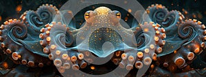 Fractal emissary of the depths: an ethereal octopus emerges from a kaleidoscope of fractal patterns. photo