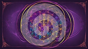 fractal glowing circles A flower of life illustration with a light and colorful style. The illustration has a dark purple