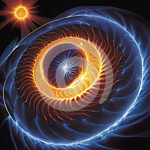 fractal illustration, abstract view of solar energy, interaction of open and closed magnetic field lines, plasma disturbances