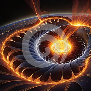 fractal illustration, abstract view of solar energy, interaction of open and closed magnetic field lines, plasma disturbances