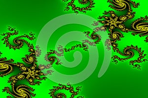 Fractal image. Gold ornament on a green background