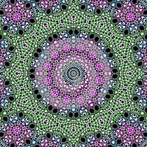 Psychedelic fractal kaleidoscope design on spheres and flowers made in green and violet colors on dark background