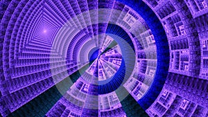 Fractal mechanical wheel decorated with various ornamental geometrical shapes, all in shining purple and blue