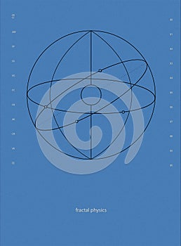 Fractal physics. Abstract geometric shapes, illustration of atom-like structure with orbiting paths on blue background