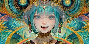 Fractal Psychedelic Anime Girl with Golden Crown