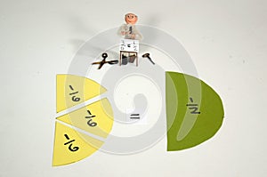 Fraction demonstration where sixth parts are reuced to halves