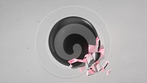 Fractured black sphere with red glow