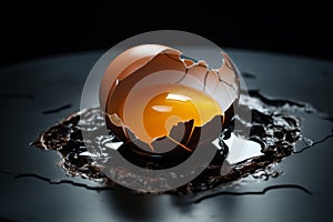 Fractured chicken egg, starkly contrasted on a midnight black plate, nature\'s imperfection