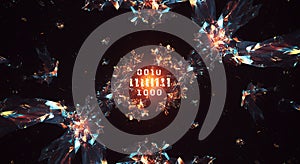 Fractured digital code glows amidst crystal explosion