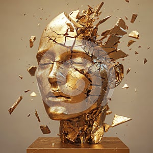 A fractured golden head sculpture with floating shards, the disintegration process captured in midaction, revealing sharp