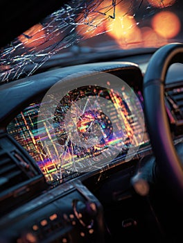 Fractured Holographic Dashboard Features Glitching Elements and an Open Right Side at Dusk photo