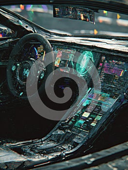 Fractured Holographic Dashboard With Glitching Features Illuminated in a Futuristic Setting photo