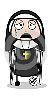 Fractured Leg Patient - Cartoon Nun Lady Vector Illustration