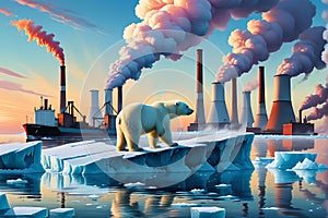 Fragile Balance: Polar Bear on a Shrinking Ice Cap in the Middle of the Ocean - Distant Industrial Chimneys Echoing the Impact