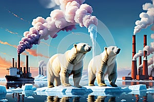 Fragile Balance: Polar Bear on a Shrinking Ice Cap in the Middle of the Ocean - Distant Industrial Chimneys Echoing the Impact