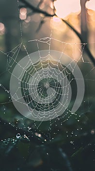 The fragile beauty of a spiderweb is highlighted by droplets of dew against the serene blue tones of a misty morning..