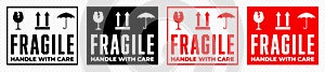 Fragile box, handle with care logistics package vector icons set. Fragile cargo shipping warning, glass, umbrella an this side up photo
